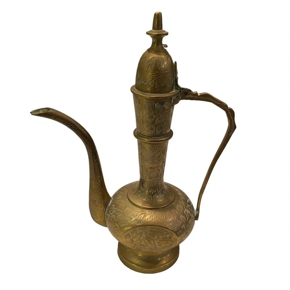 Vintage 1960’s  India Etched Brass Surah Dallah Genie Teapot Pitcher